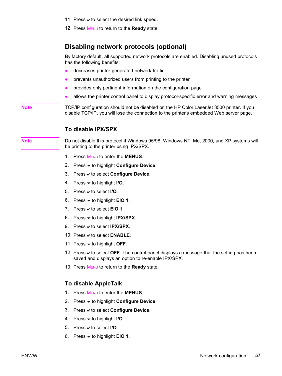 Disabling network protocols (optional) | HP 3500 User Manual | Page 69 / 252