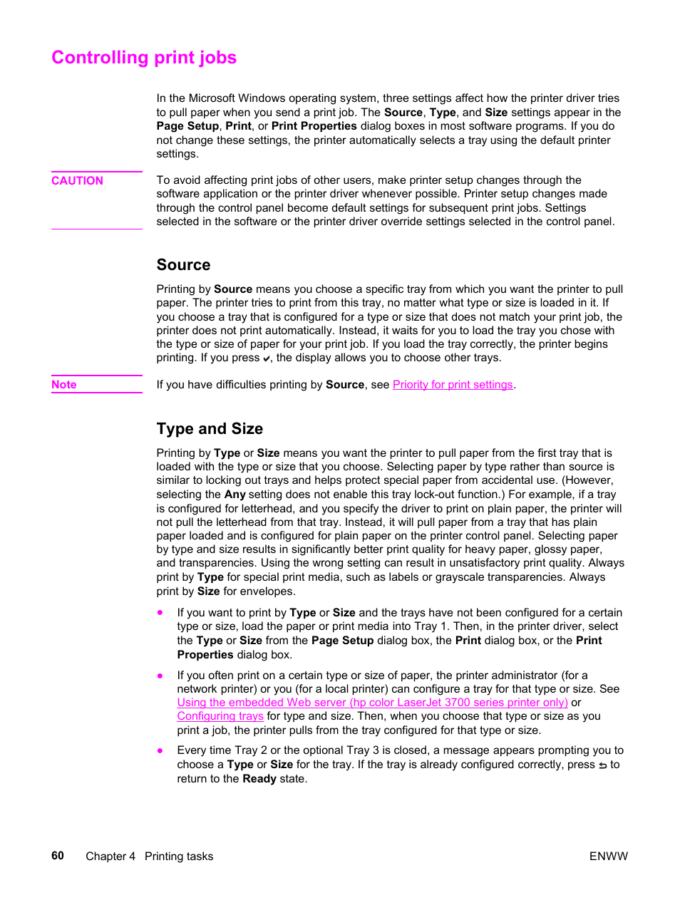 Controlling print jobs, Source, Type and size | Source type and size | HP 3500 User Manual | Page 72 / 252