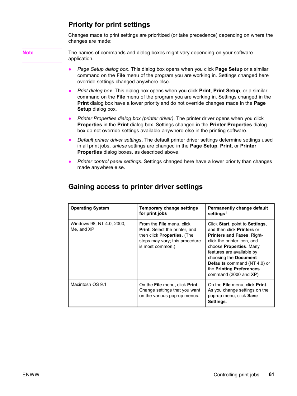 Priority for print settings, Gaining access to printer driver settings | HP 3500 User Manual | Page 73 / 252