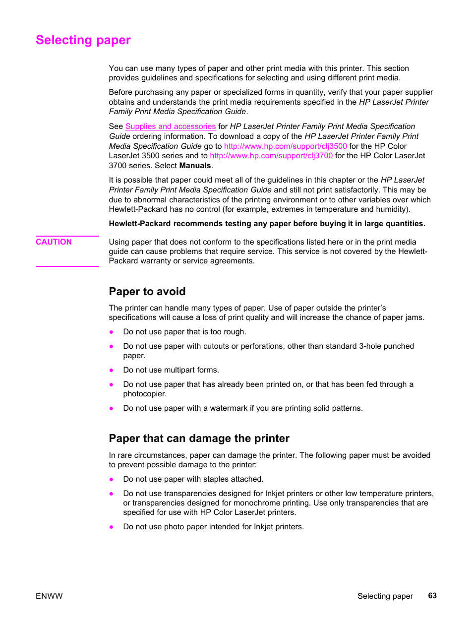Selecting paper, Paper to avoid, Paper that can damage the printer | Paper to avoid paper that can damage the printer | HP 3500 User Manual | Page 75 / 252