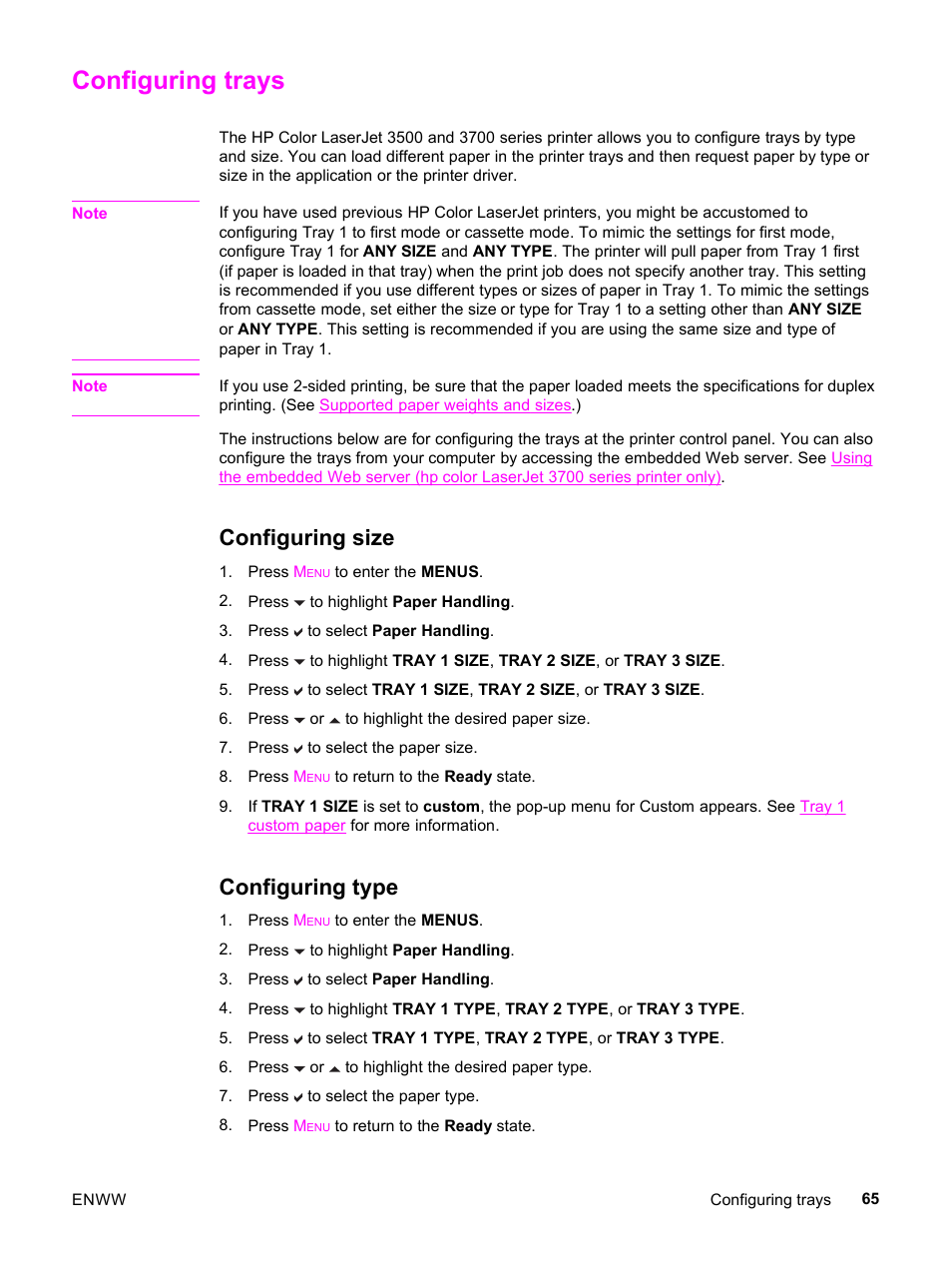 Configuring trays, Configuring size, Configuring type | Configuring size configuring type | HP 3500 User Manual | Page 77 / 252