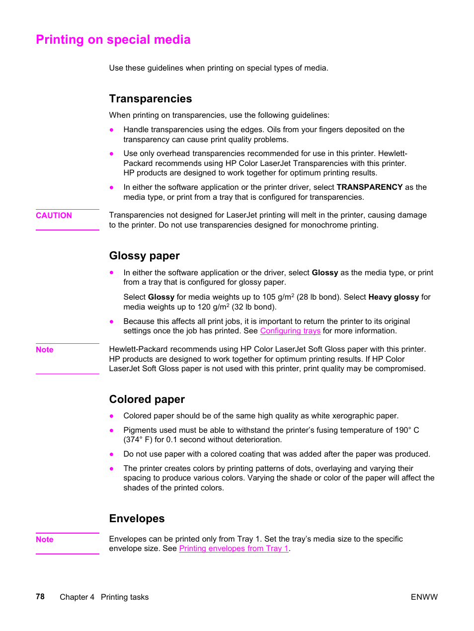 Printing on special media, Transparencies, Glossy paper | Colored paper, Envelopes | HP 3500 User Manual | Page 90 / 252