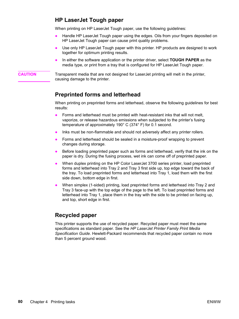 Hp laserjet tough paper, Preprinted forms and letterhead, Recycled paper | HP 3500 User Manual | Page 92 / 252