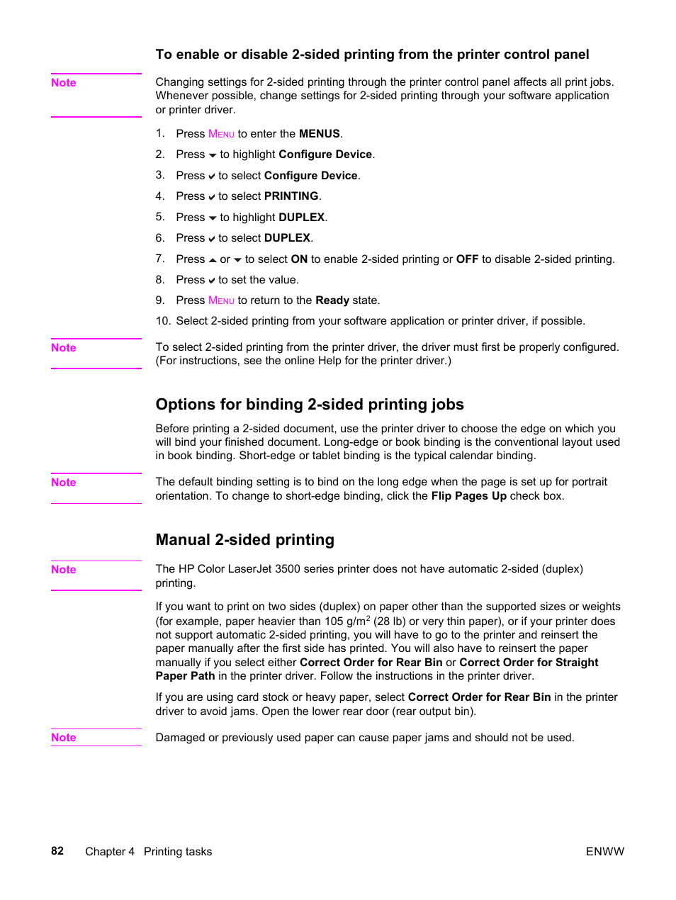 Options for binding 2-sided printing jobs, Manual 2-sided printing | HP 3500 User Manual | Page 94 / 252