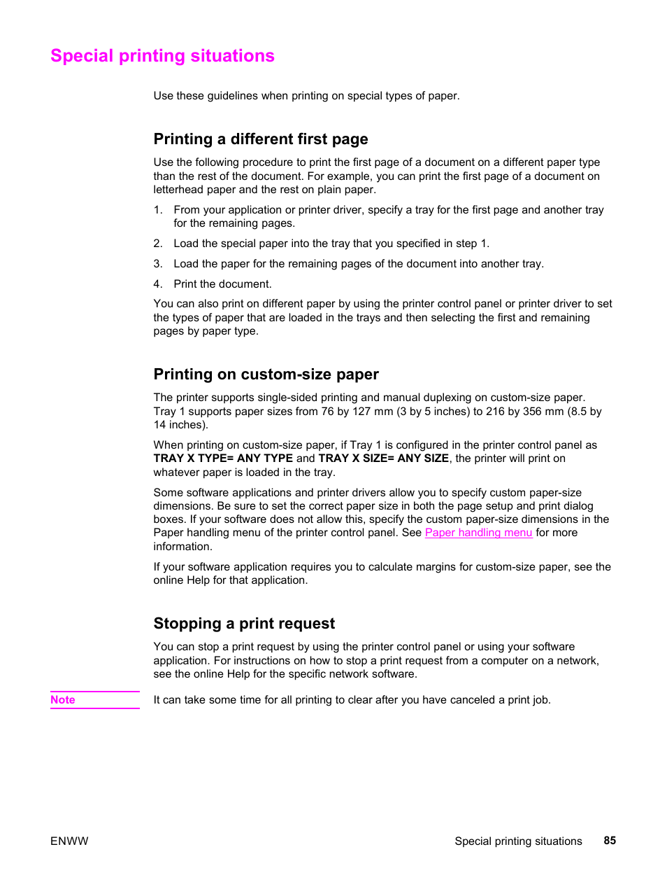 Special printing situations, Printing on custom-size paper, Stopping a print request | Printing a different first page | HP 3500 User Manual | Page 97 / 252