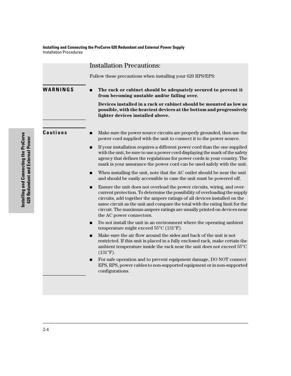 Installation precautions, Installation precautions: -4, E unit. see | HP 620 User Manual | Page 16 / 50