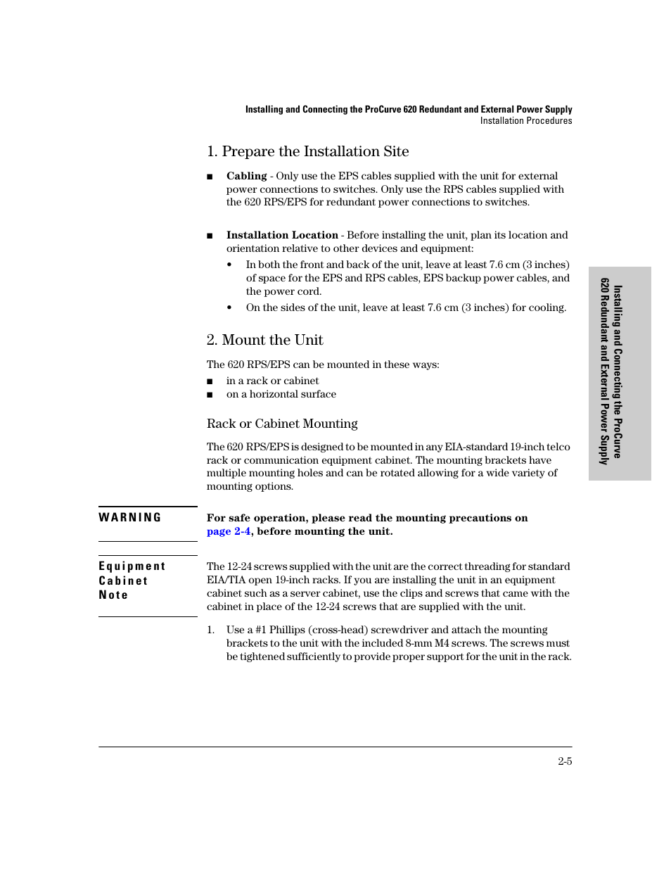 Prepare the installation site, Mount the unit, Rack or cabinet mounting | Prepare the installation site -5, Mount the unit -5, Rack or cabinet mounting -5 | HP 620 User Manual | Page 17 / 50