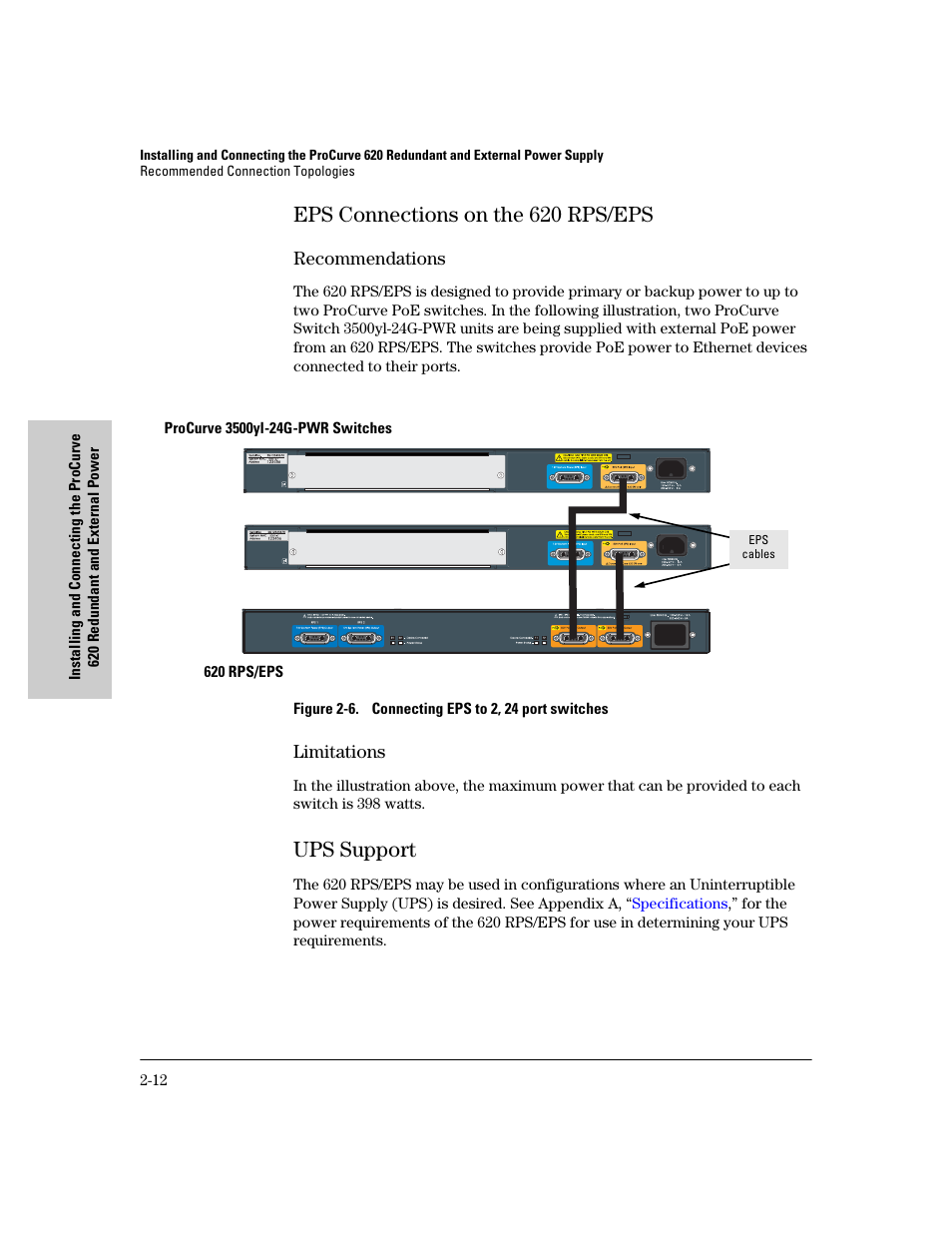 Eps connections on the 620 rps/eps, Recommendations, Limitations | Ups support, Eps connections on the 620 rps/eps -12, Recommendations -12 limitations -12, Ups support -12, D to | HP 620 User Manual | Page 24 / 50