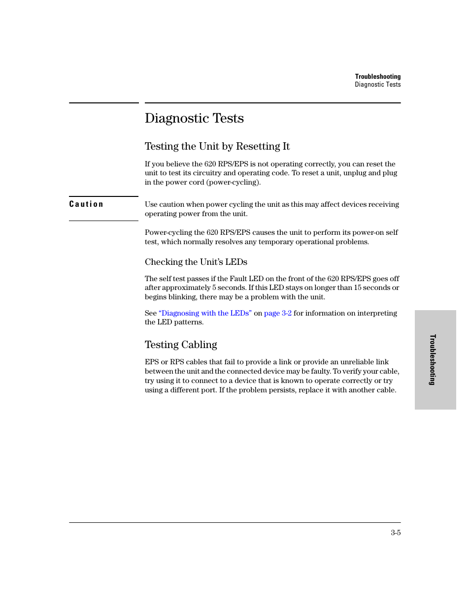 Diagnostic tests, Testing the unit by resetting it, Checking the unit’s leds | Testing cabling, Diagnostic tests -5, Testing the unit by resetting it -5, Checking the unit’s leds -5, Testing cabling -5 | HP 620 User Manual | Page 29 / 50