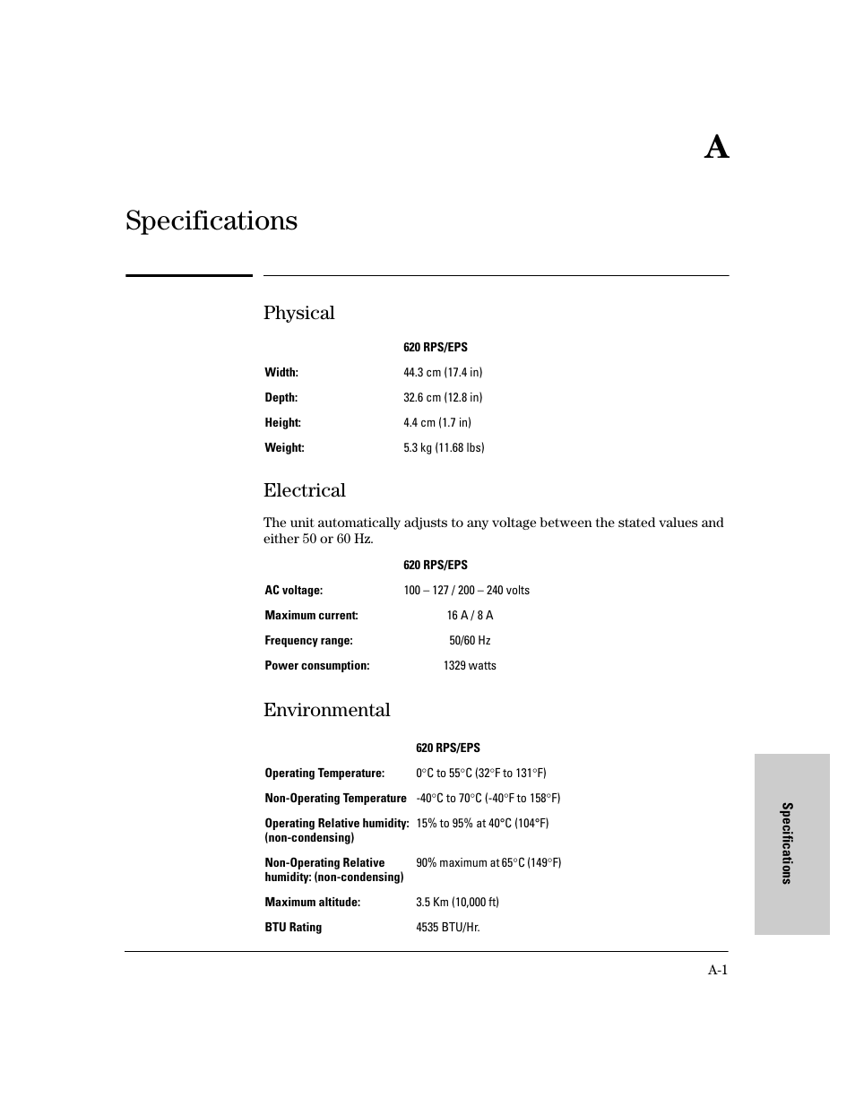 Specifications, Physical, Electrical | Environmental, A specifications, Physical electrical | HP 620 User Manual | Page 31 / 50