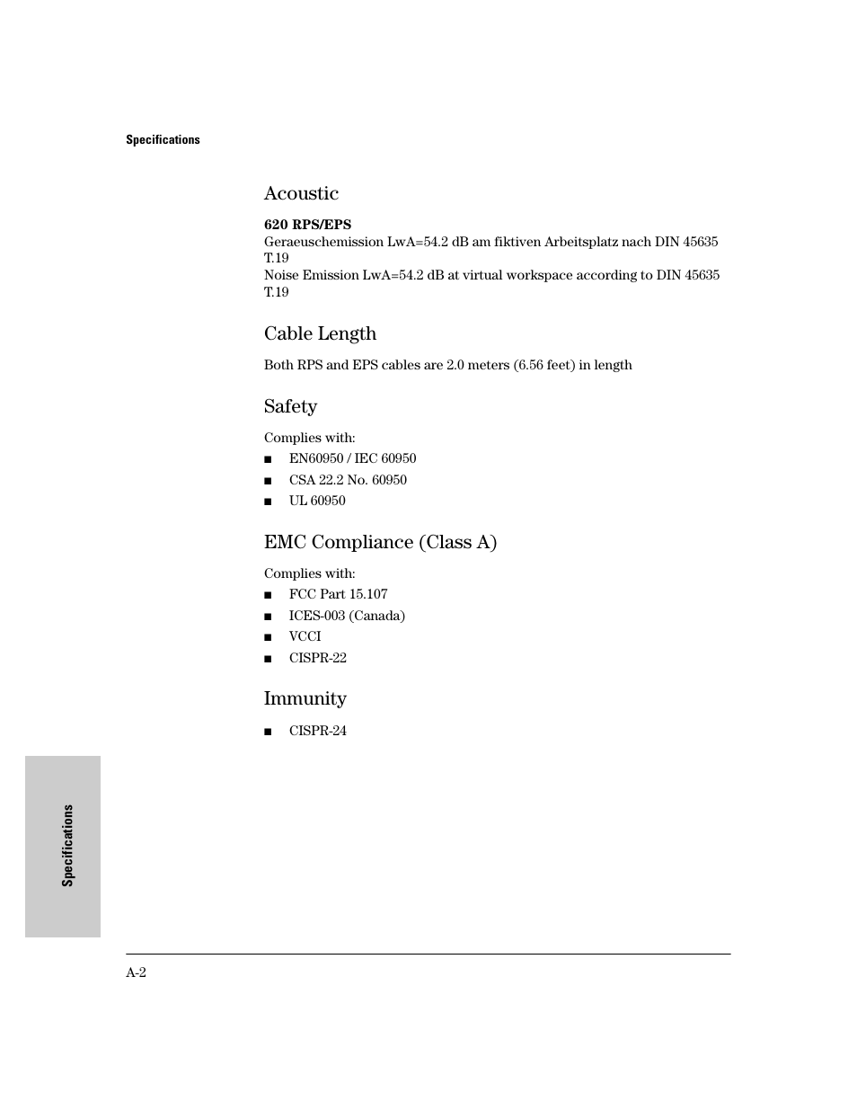 Acoustic, Cable length, Safety | Emc compliance (class a), Immunity | HP 620 User Manual | Page 32 / 50