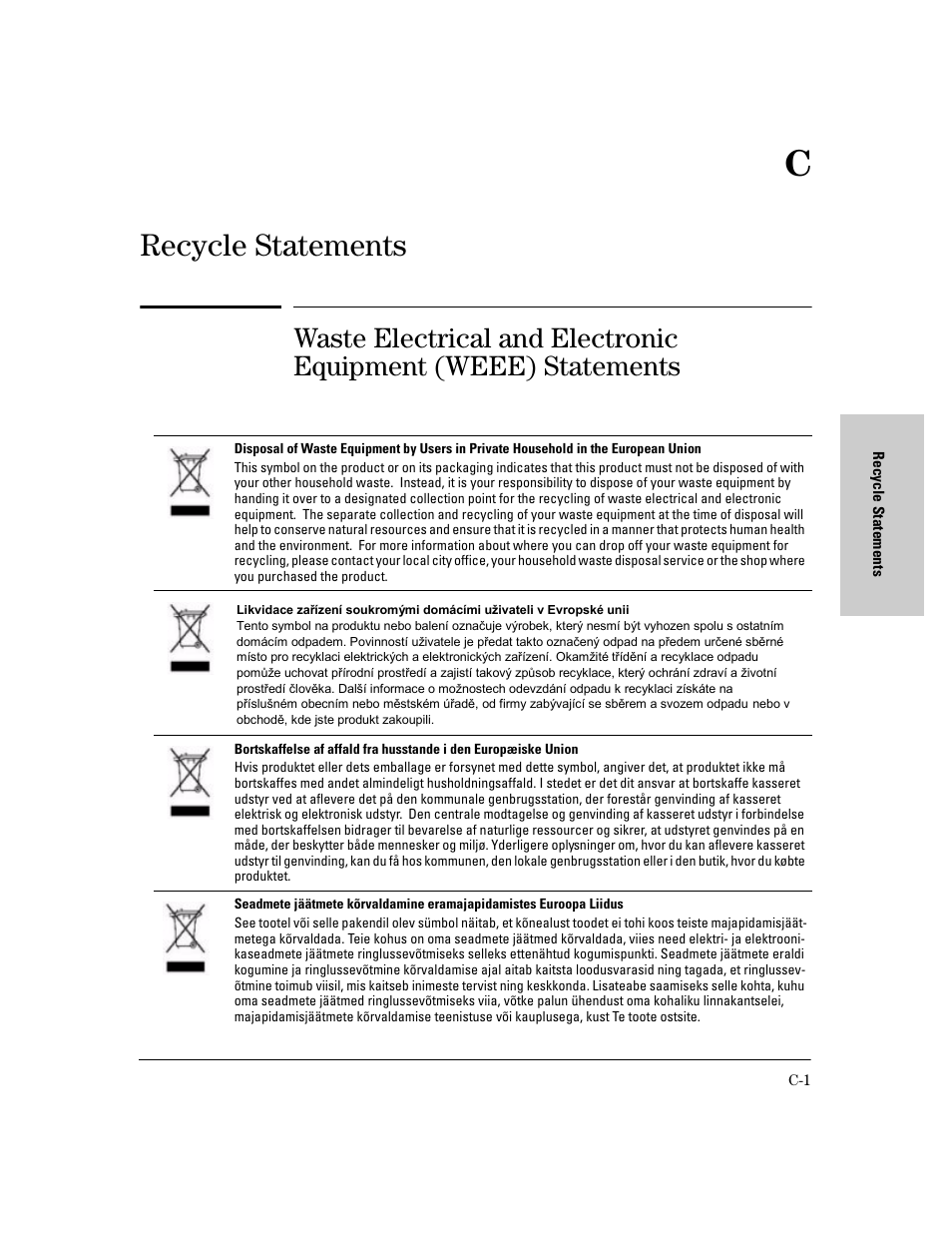 Recycle statements, C recycle statements | HP 620 User Manual | Page 42 / 50