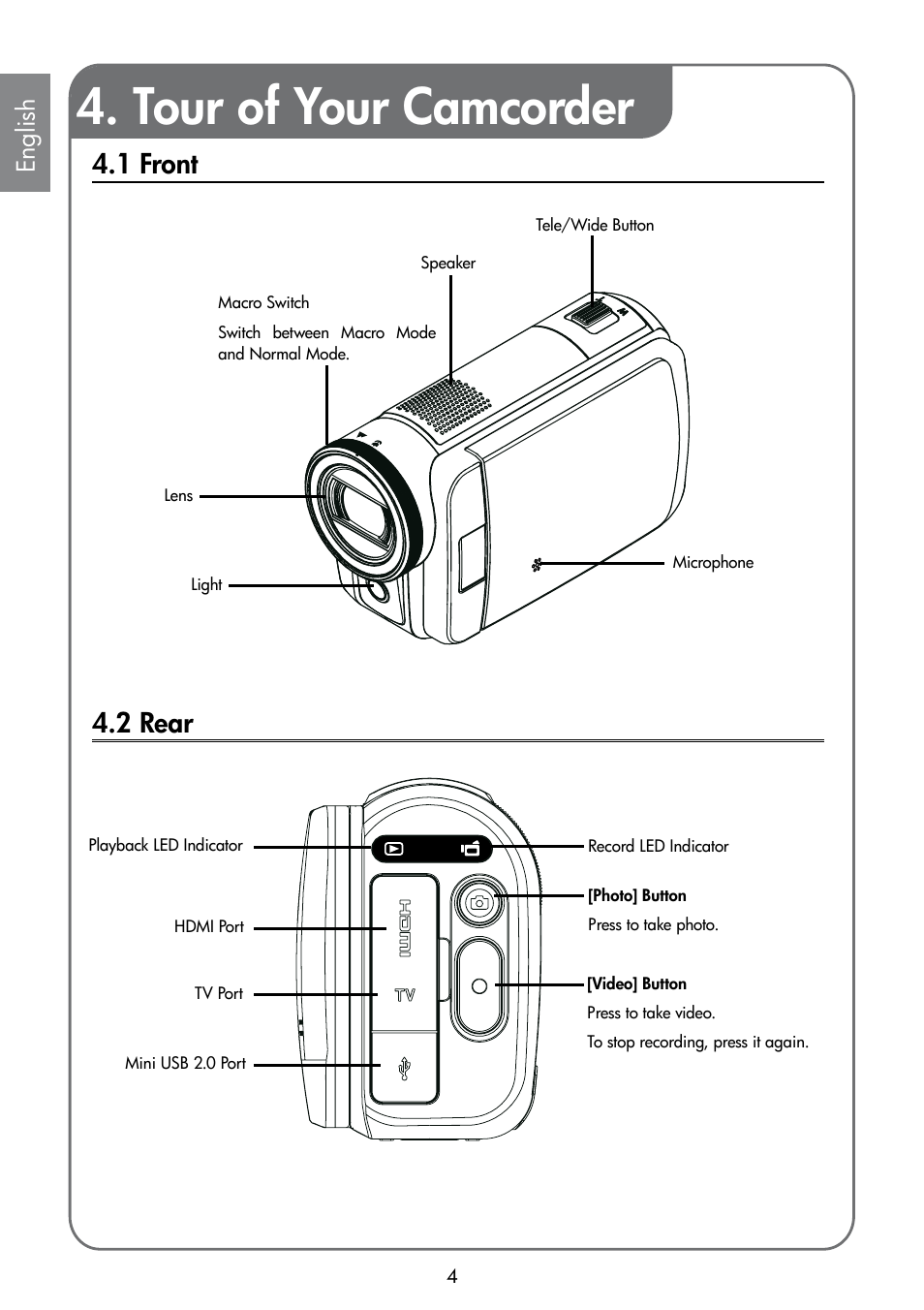Tour of your camcorder, 1 front, 2 rear | HP T200 User Manual | Page 6 / 10