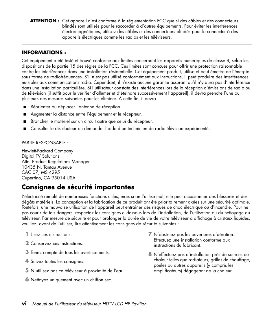 Consignes de sécurité importantes | HP Pavilion LC3700N User Manual | Page 100 / 322