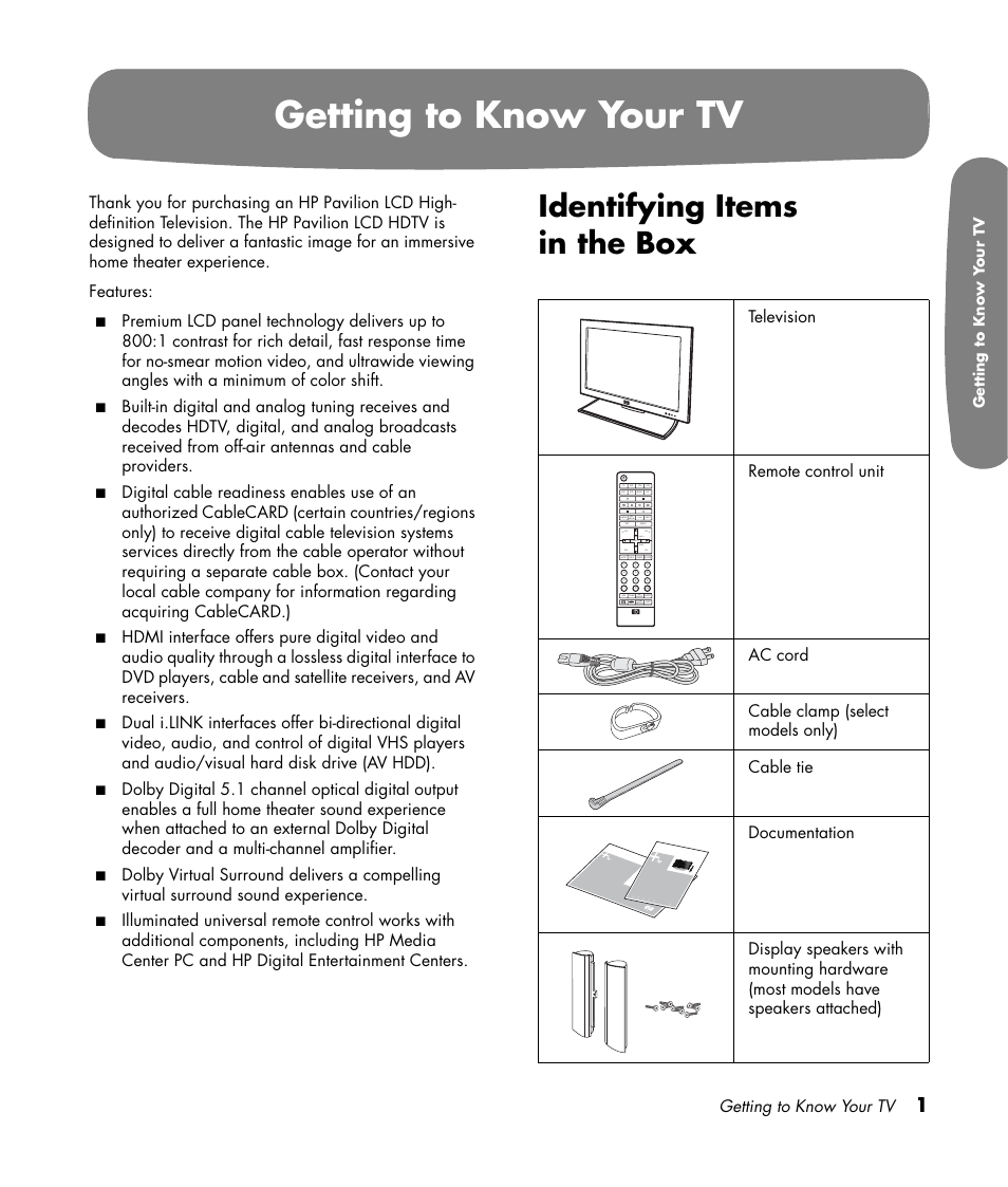 Getting to know your tv, Identifying items in the box | HP Pavilion LC3700N User Manual | Page 11 / 322