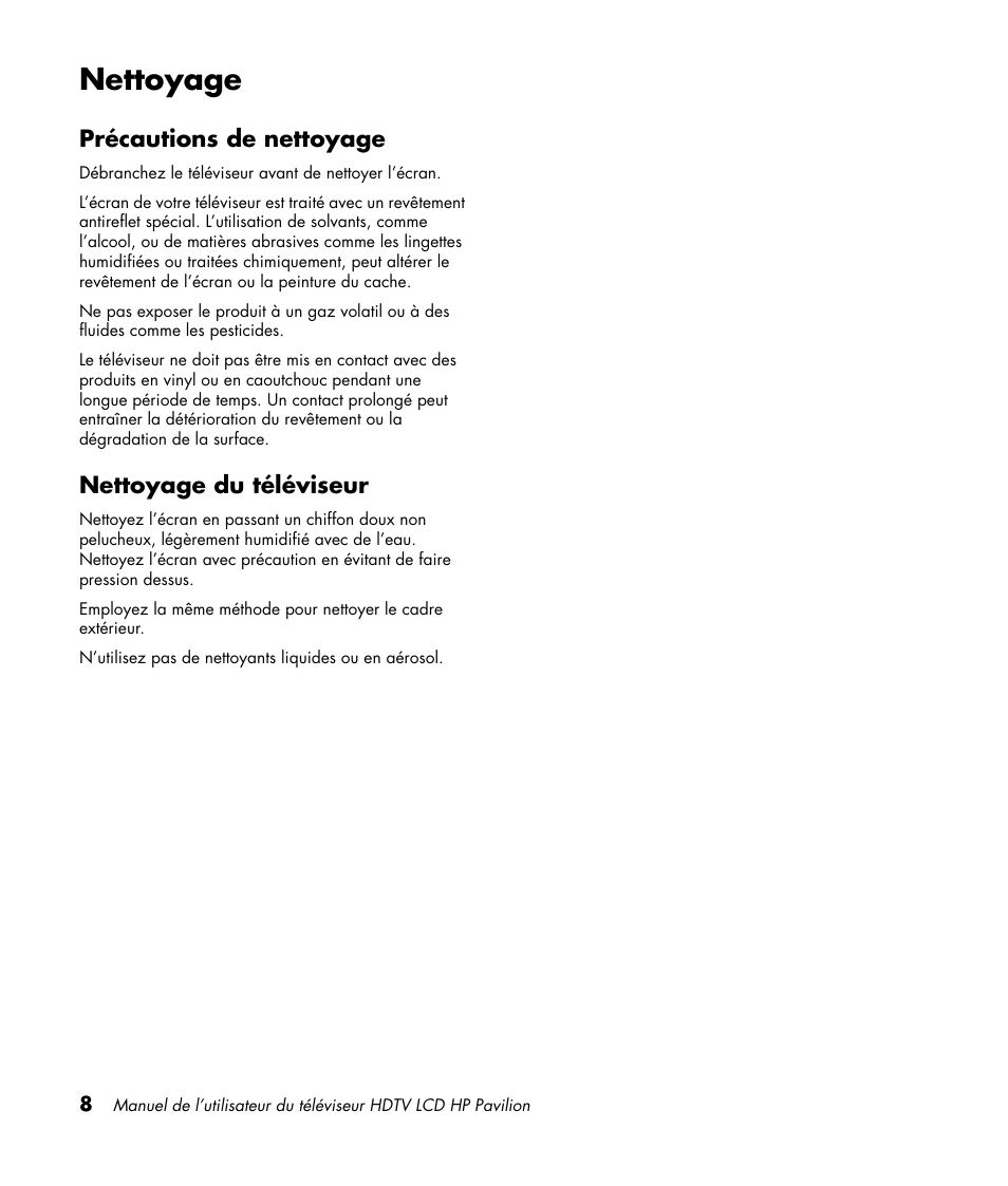 Nettoyage, Précautions de nettoyage, Nettoyage du téléviseur | HP Pavilion LC3700N User Manual | Page 116 / 322