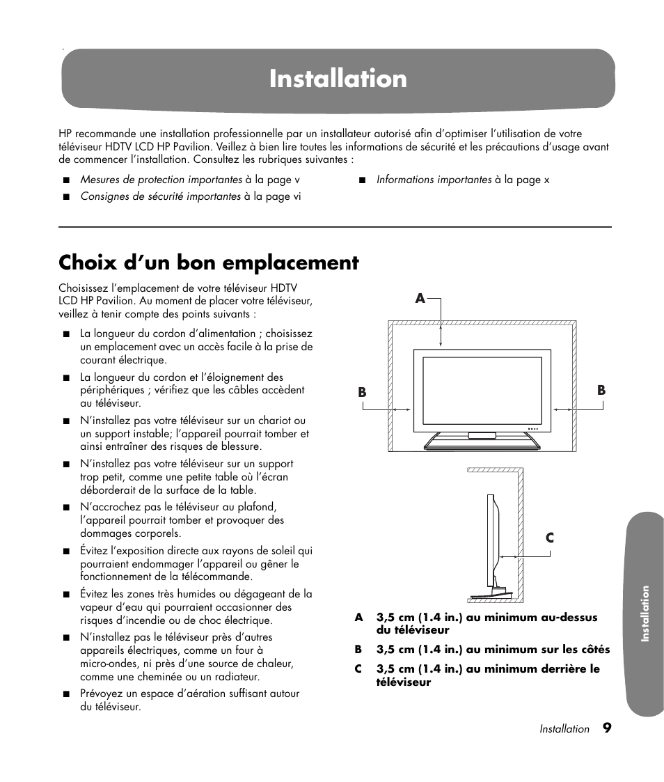 Installation, Choix d’un bon emplacement | HP Pavilion LC3700N User Manual | Page 117 / 322