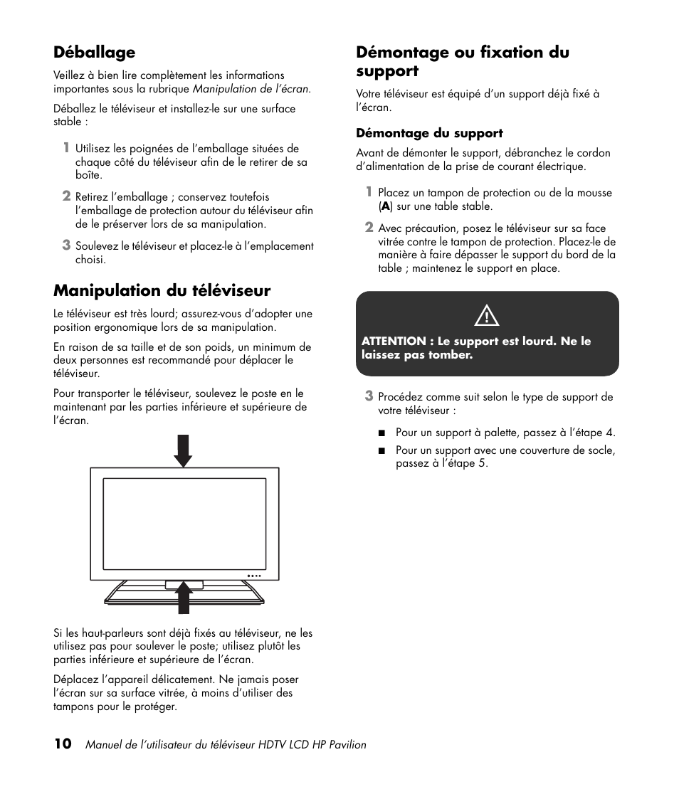 Déballage, Manipulation du téléviseur, Démontage ou fixation du support | HP Pavilion LC3700N User Manual | Page 118 / 322