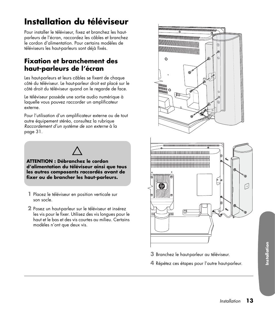 Installation du téléviseur | HP Pavilion LC3700N User Manual | Page 121 / 322