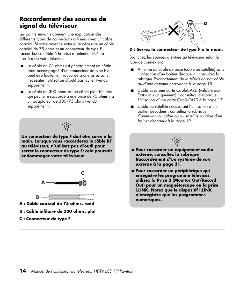 Raccordement des sources de signal du téléviseur | HP Pavilion LC3700N User Manual | Page 122 / 322