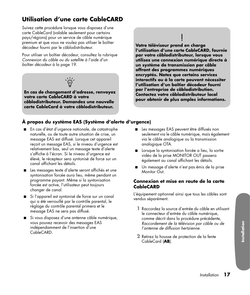 Utilisation d’une carte cablecard | HP Pavilion LC3700N User Manual | Page 125 / 322