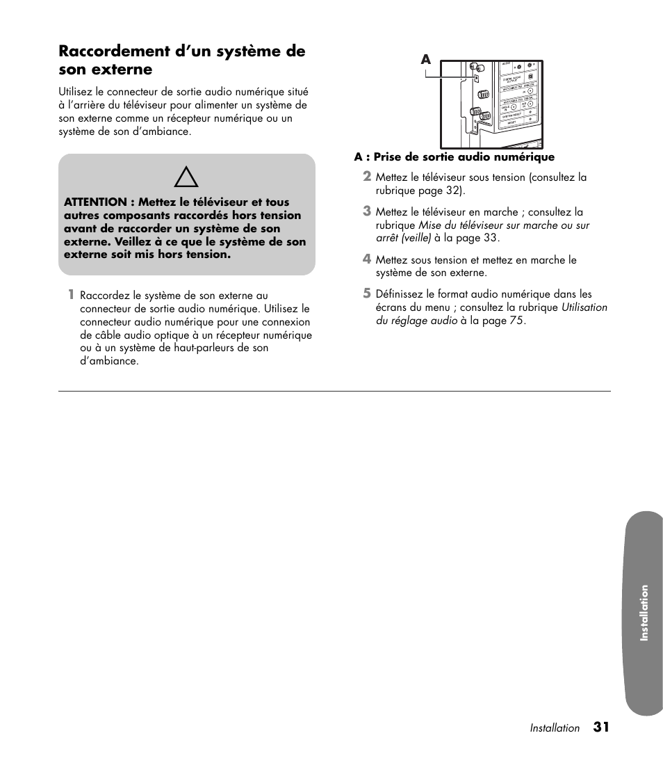 Raccordement d’un système de son externe | HP Pavilion LC3700N User Manual | Page 139 / 322