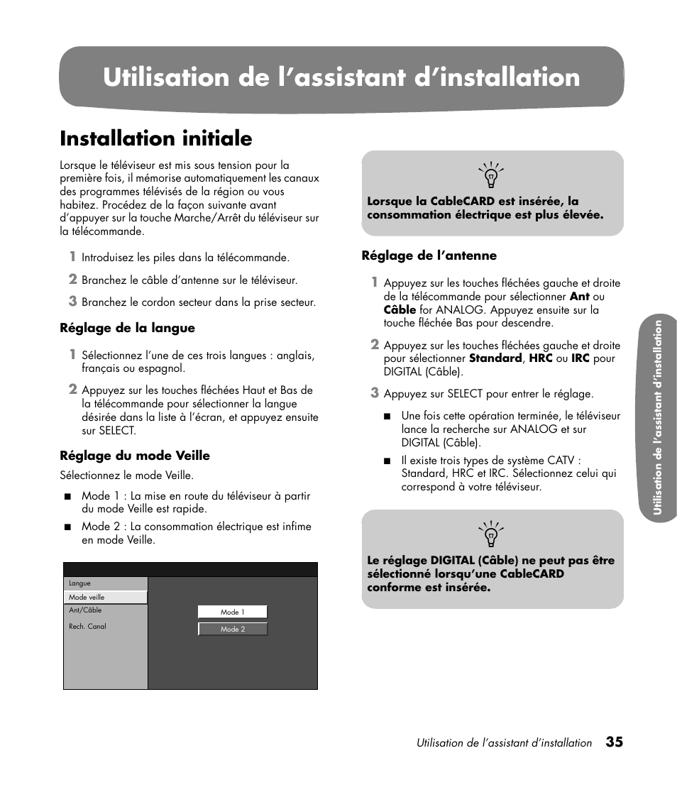 Utilisation de l’assistant d’installation, Installation initiale | HP Pavilion LC3700N User Manual | Page 143 / 322