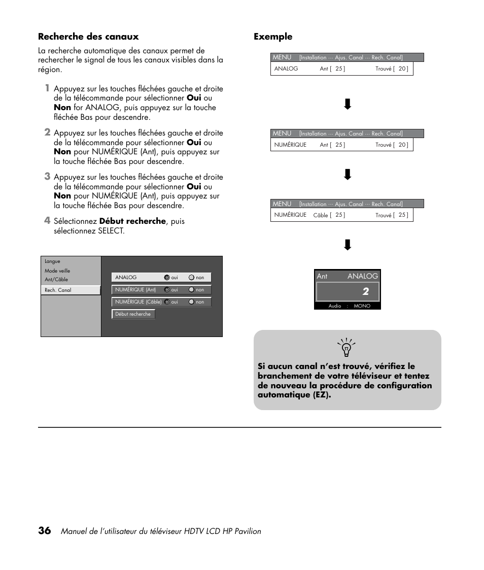 Recherche des canaux, Exemple | HP Pavilion LC3700N User Manual | Page 144 / 322