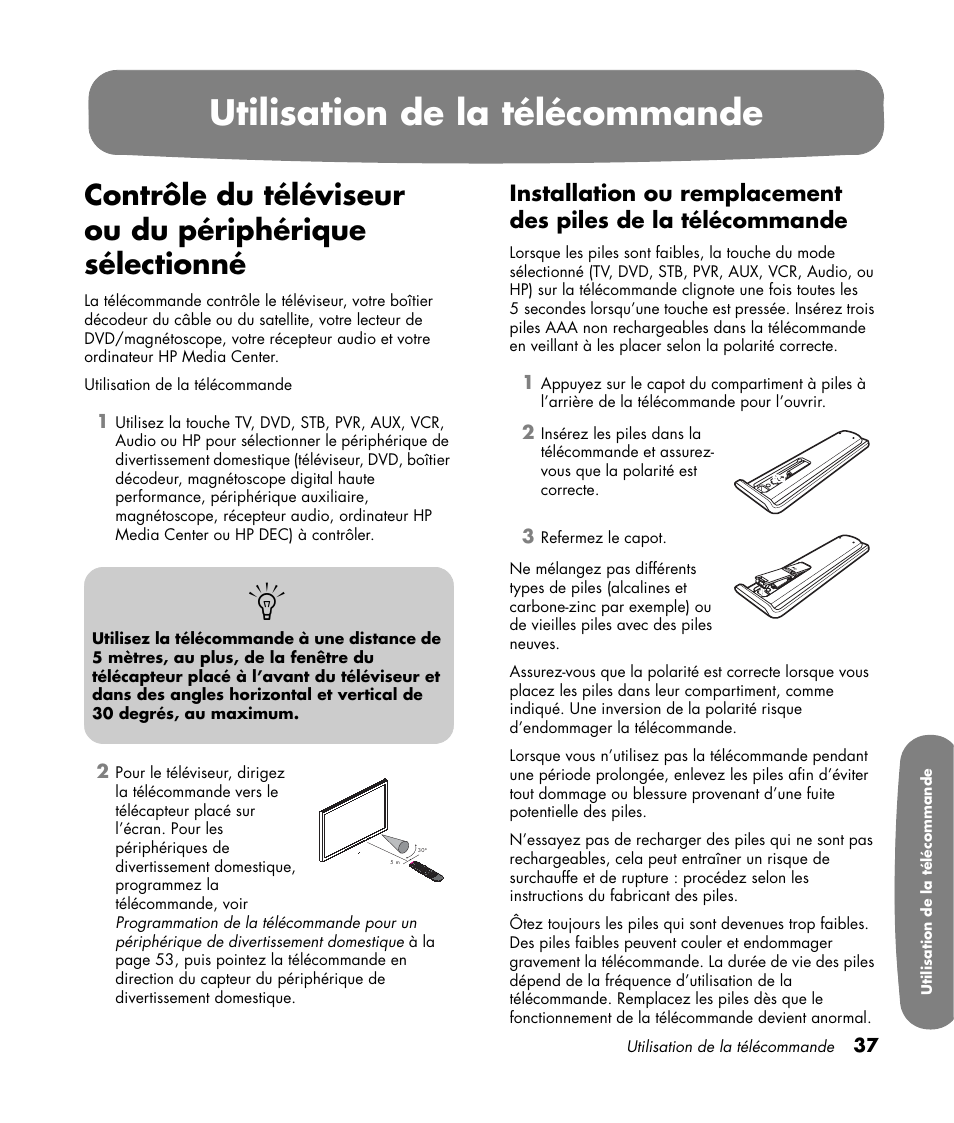 Utilisation de la télécommande | HP Pavilion LC3700N User Manual | Page 145 / 322