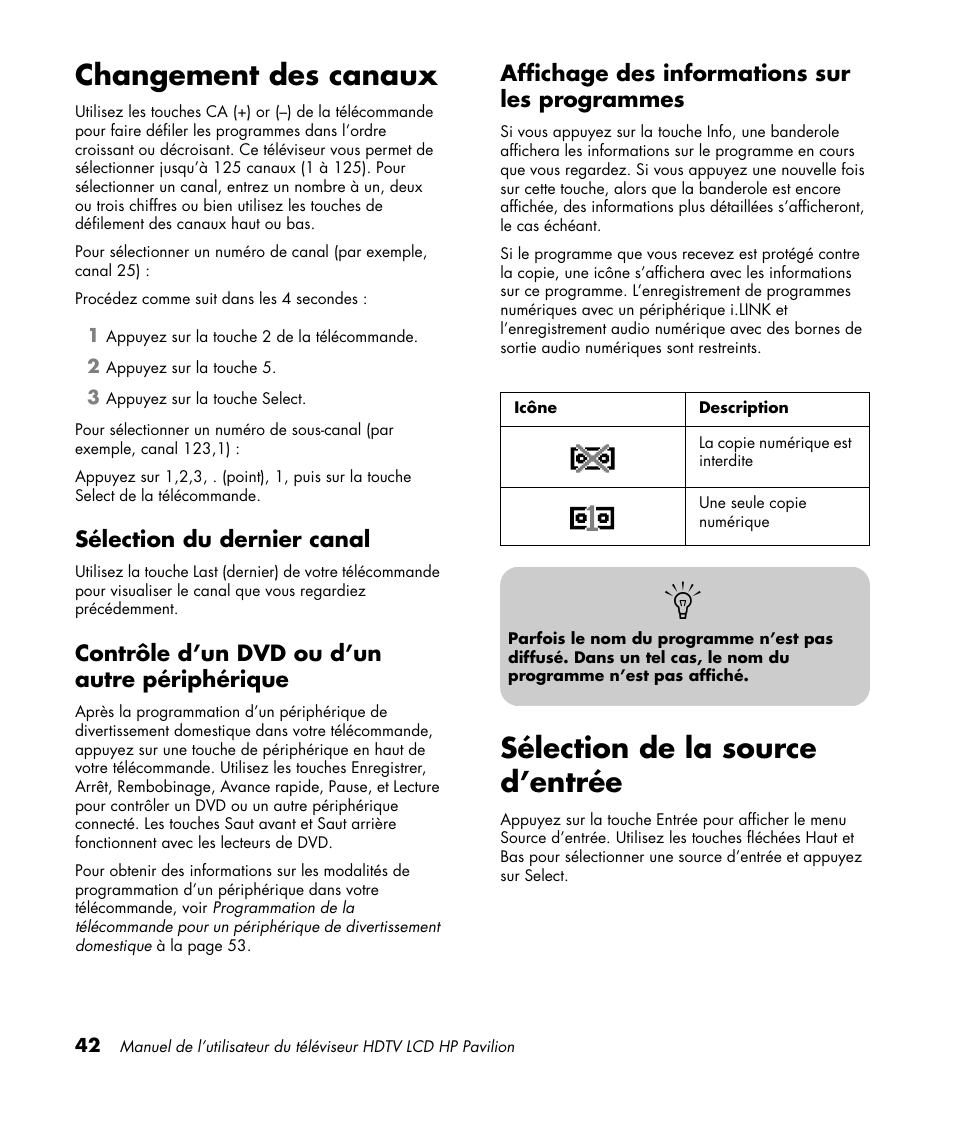 Changement des canaux, Sélection de la source d’entrée | HP Pavilion LC3700N User Manual | Page 150 / 322