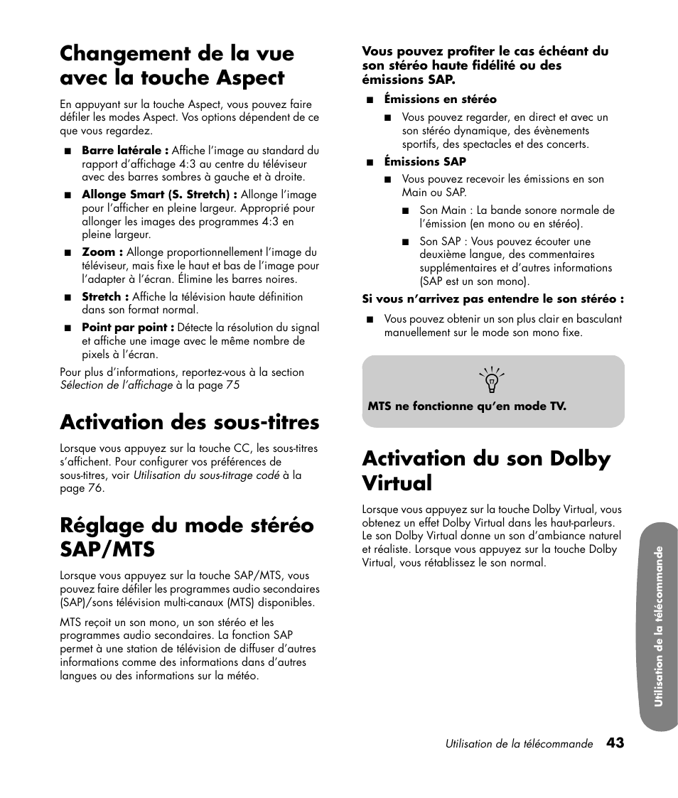 Changement de la vue avec la touche aspect, Activation des sous-titres, Réglage du mode stéréo sap/mts | Activation du son dolby virtual | HP Pavilion LC3700N User Manual | Page 151 / 322