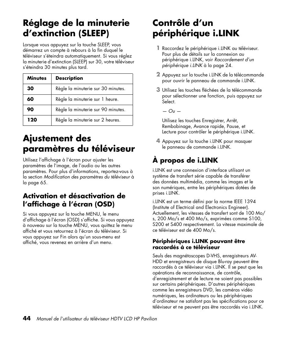 Réglage de la minuterie d’extinction (sleep), Ajustement des paramètres du téléviseur, Contrôle d’un périphérique i.link | À propos de i.link | HP Pavilion LC3700N User Manual | Page 152 / 322