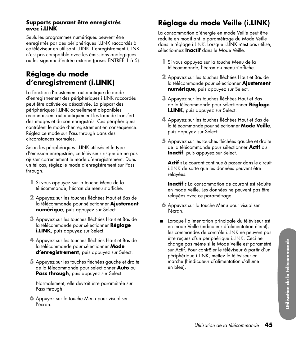 Réglage du mode d’enregistrement (i.link), Réglage du mode veille (i.link) | HP Pavilion LC3700N User Manual | Page 153 / 322