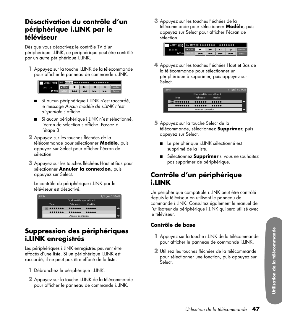 Suppression des périphériques i.link enregistrés, Contrôle d’un périphérique i.link, Contrôle de base | HP Pavilion LC3700N User Manual | Page 155 / 322