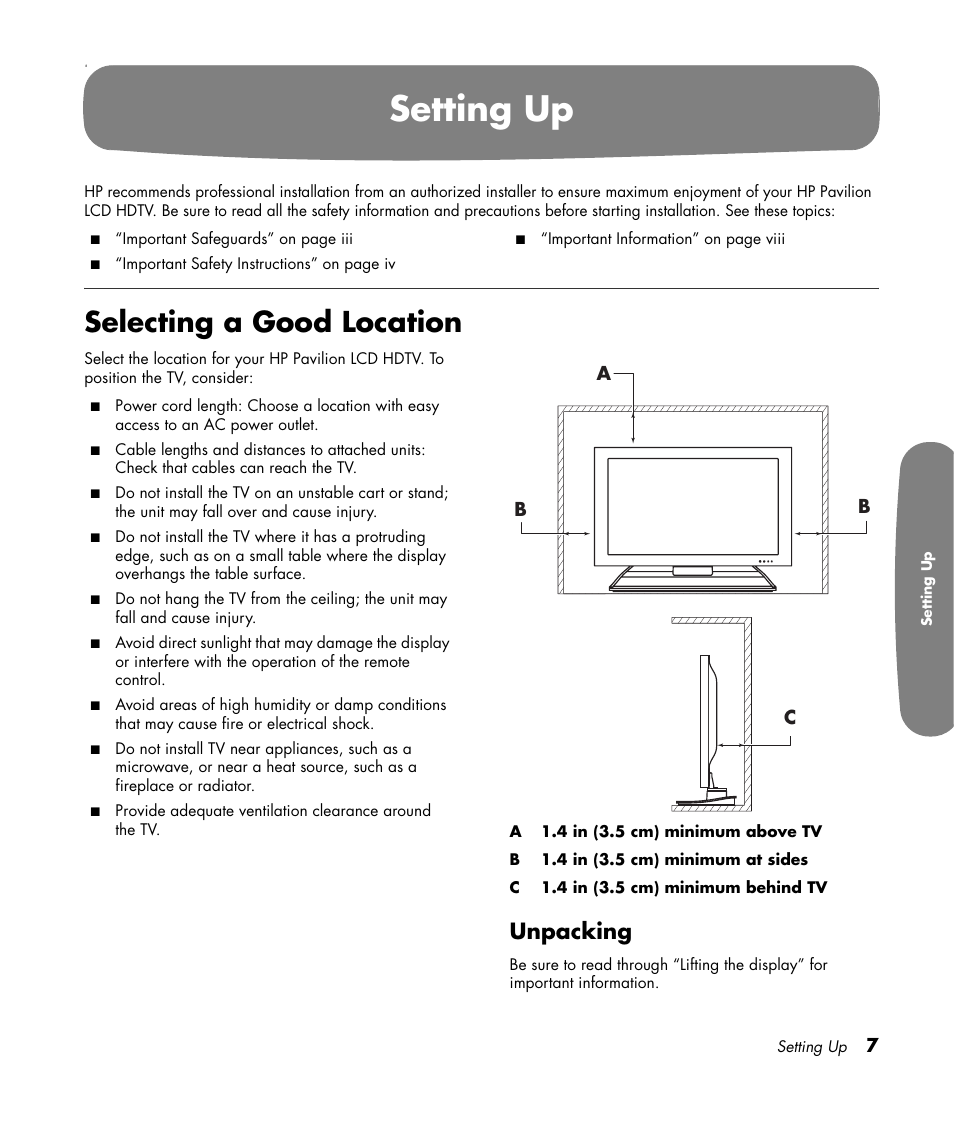 Setting up, Selecting a good location, Unpacking | HP Pavilion LC3700N User Manual | Page 17 / 322