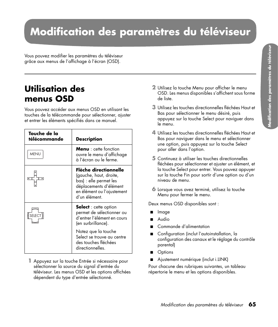 Modification des paramètres du téléviseur, Utilisation des menus osd | HP Pavilion LC3700N User Manual | Page 173 / 322