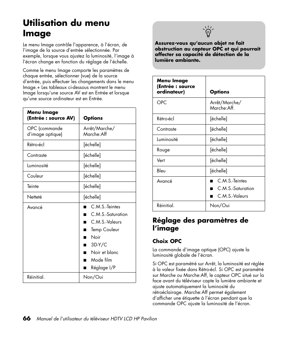 Utilisation du menu image, Réglage des paramètres de l’image | HP Pavilion LC3700N User Manual | Page 174 / 322