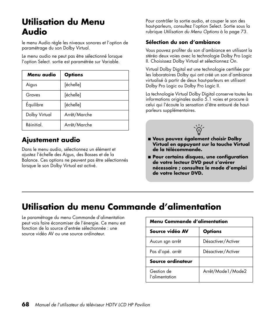 Utilisation du menu audio, Utilisation du menu commande d’alimentation, Ajustement audio | HP Pavilion LC3700N User Manual | Page 176 / 322