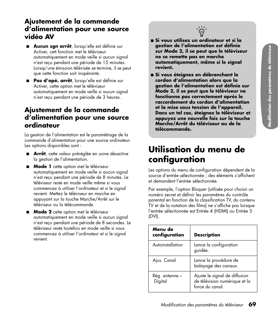 Utilisation du menu de configuration | HP Pavilion LC3700N User Manual | Page 177 / 322