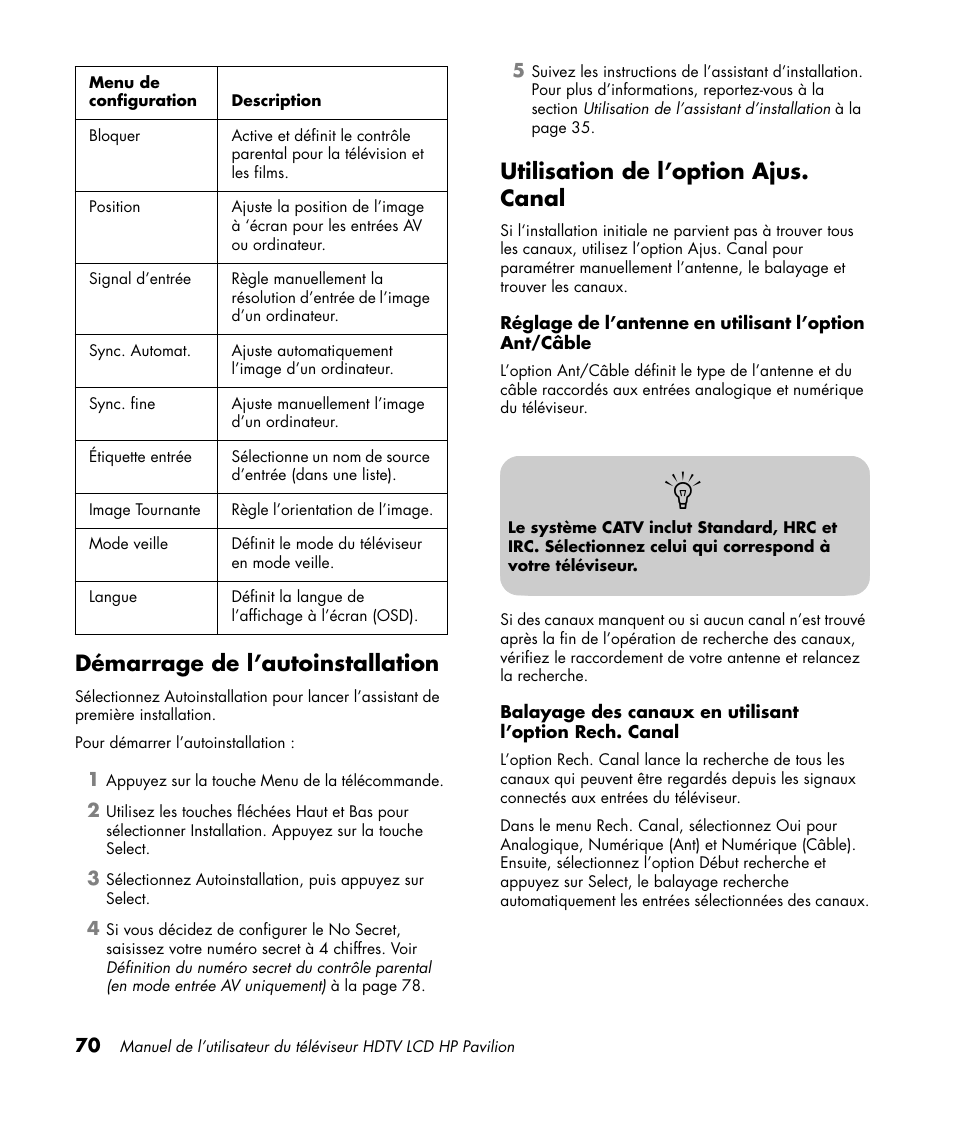 Démarrage de l’autoinstallation, Utilisation de l’option ajus. canal | HP Pavilion LC3700N User Manual | Page 178 / 322