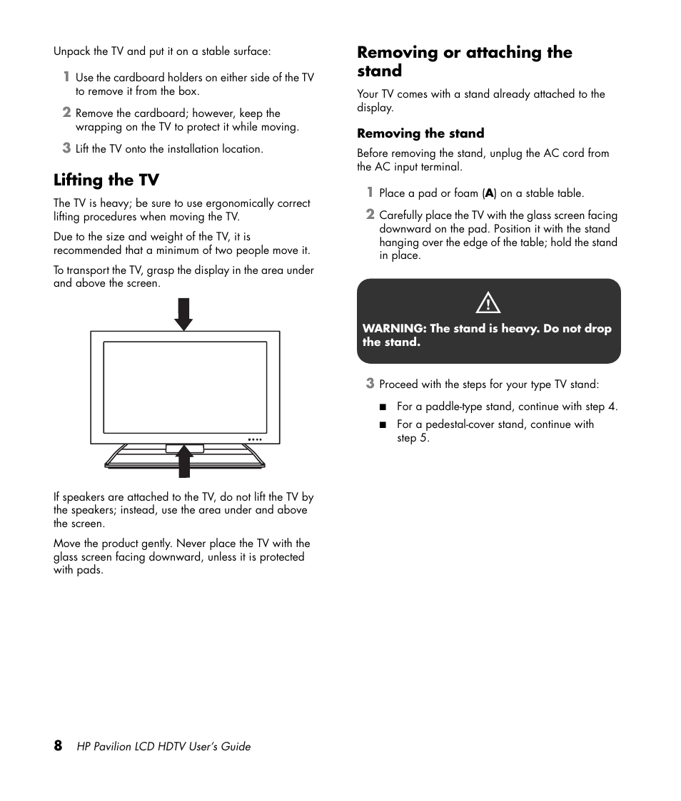 Lifting the tv, Removing or attaching the stand | HP Pavilion LC3700N User Manual | Page 18 / 322