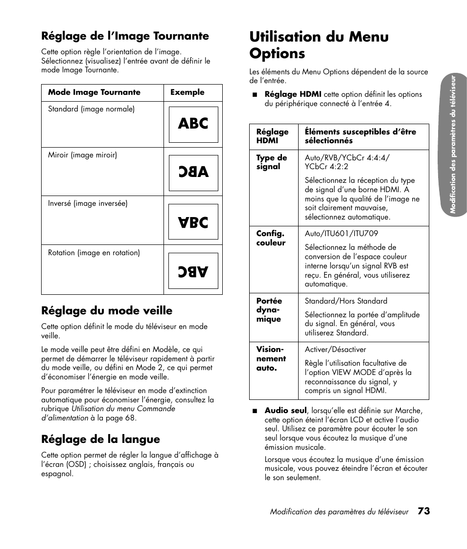 Utilisation du menu options, Réglage de l’image tournante, Réglage du mode veille | Réglage de la langue | HP Pavilion LC3700N User Manual | Page 181 / 322