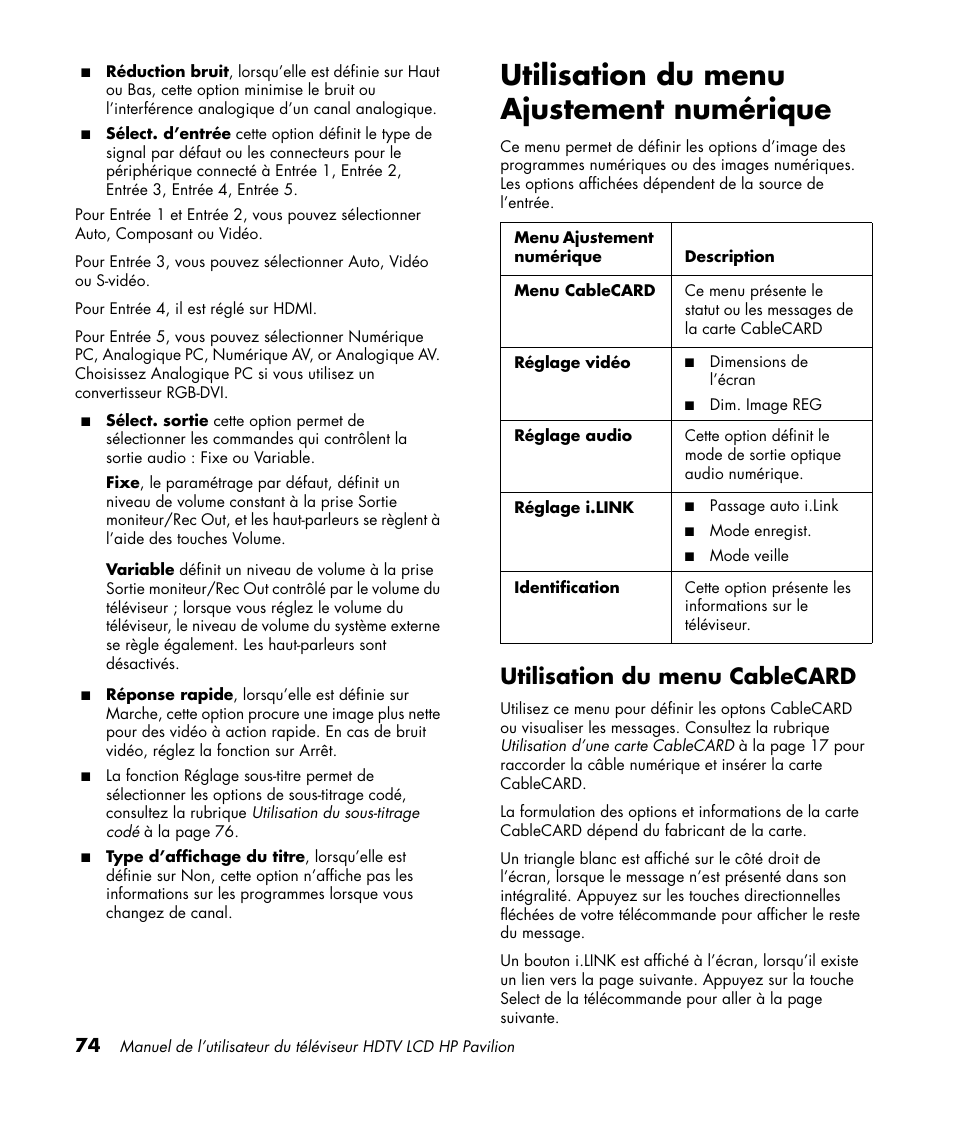 Utilisation du menu ajustement numérique, Utilisation du menu cablecard | HP Pavilion LC3700N User Manual | Page 182 / 322