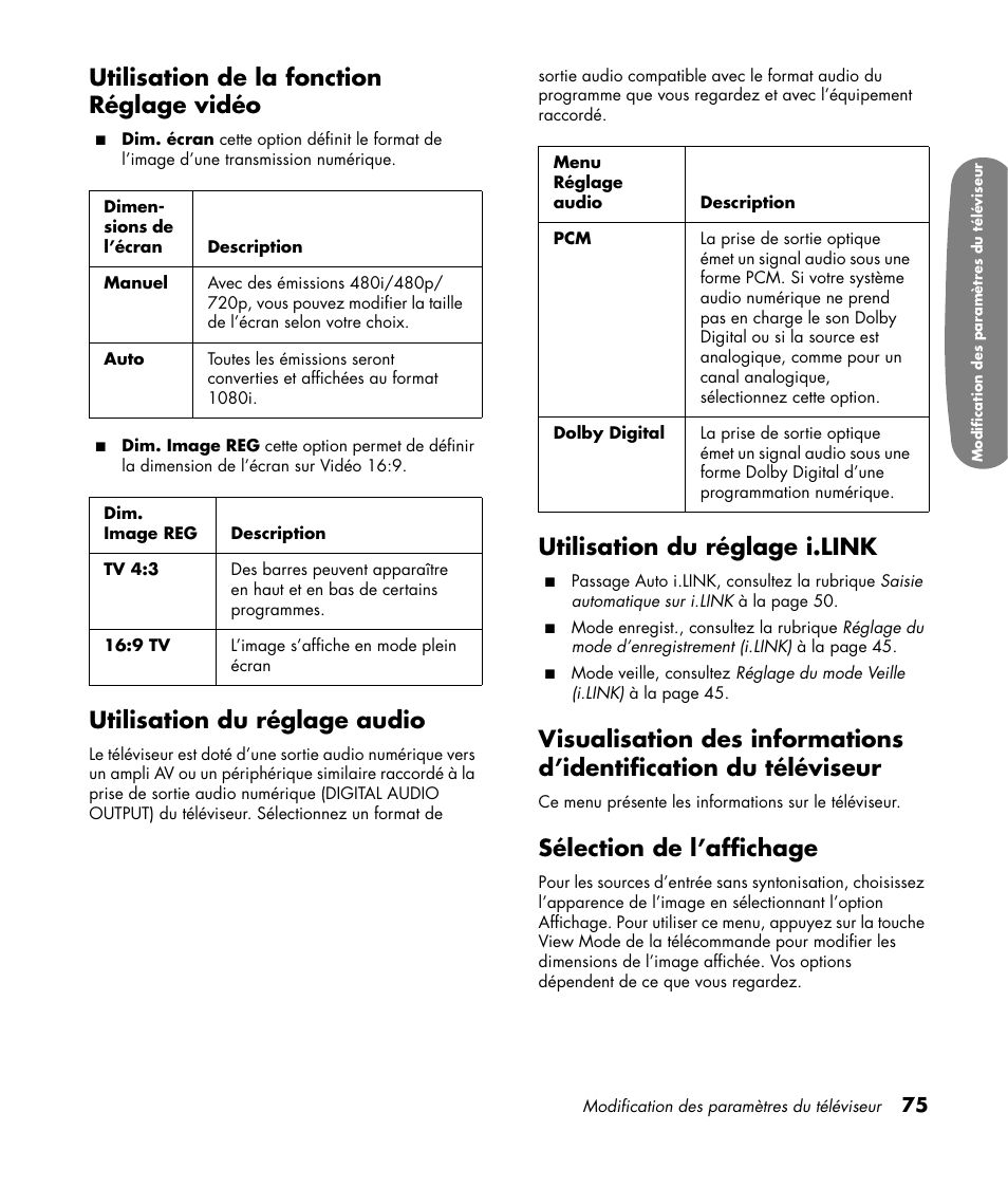 Utilisation de la fonction réglage vidéo, Utilisation du réglage audio, Utilisation du réglage i.link | Sélection de l’affichage | HP Pavilion LC3700N User Manual | Page 183 / 322