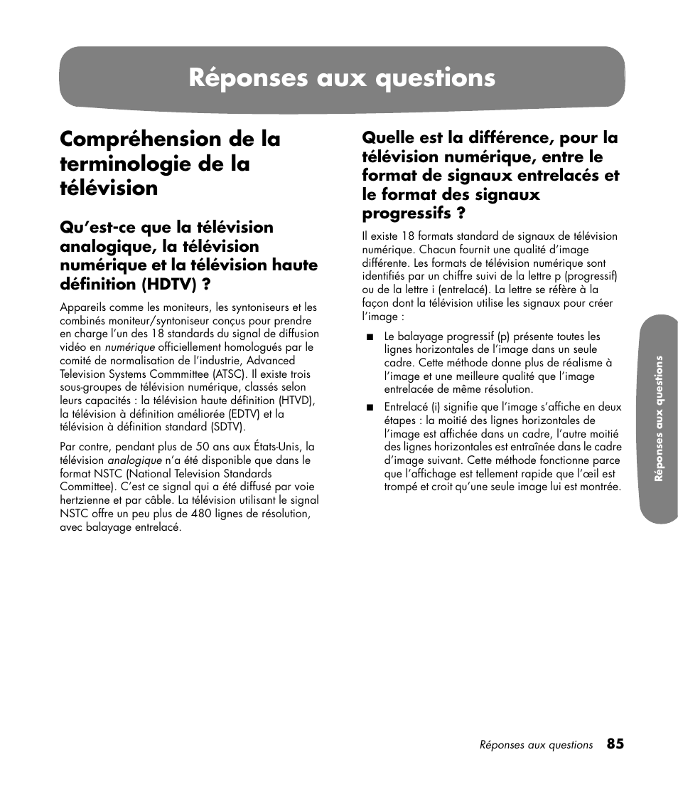 Réponses aux questions, Compréhension de la terminologie de la télévision | HP Pavilion LC3700N User Manual | Page 193 / 322