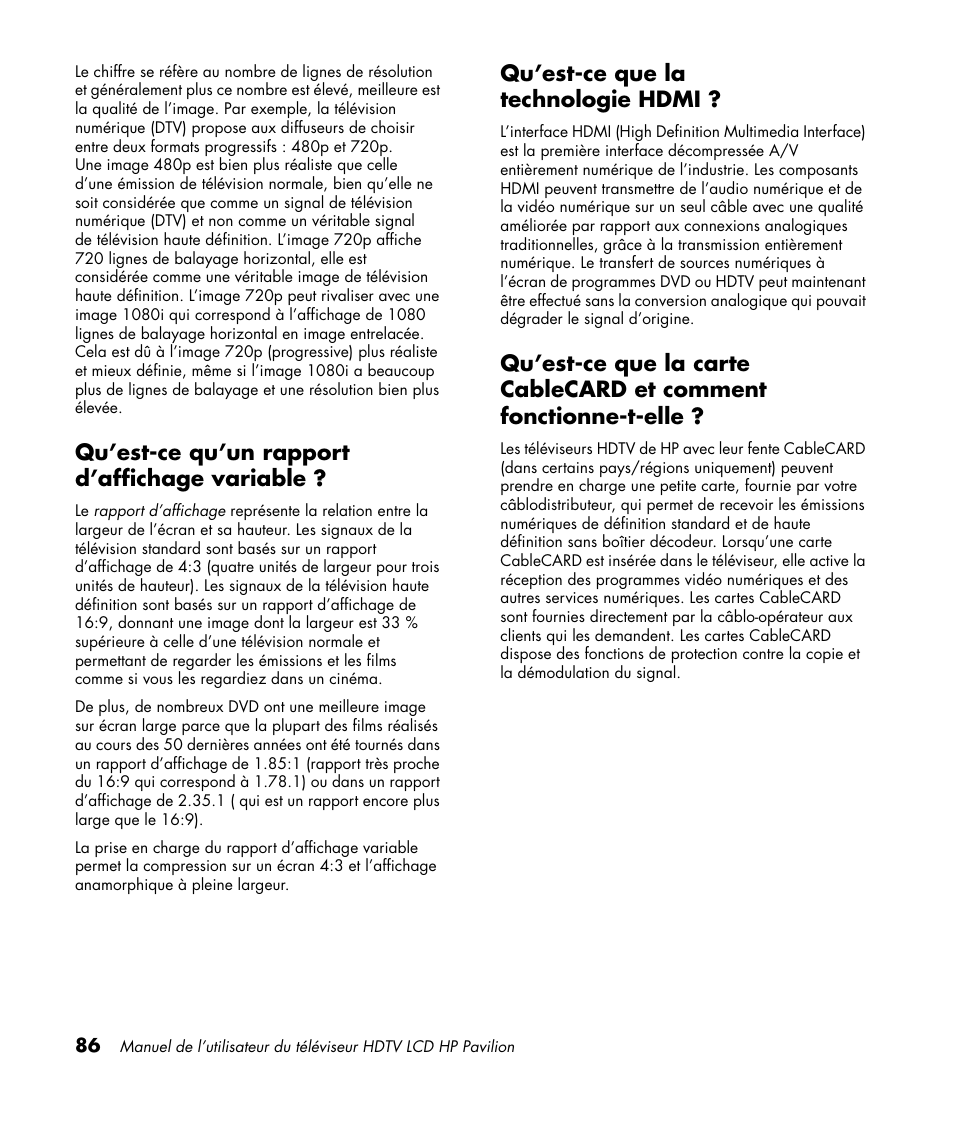 Qu’est-ce qu’un rapport d’affichage variable, Qu’est-ce que la technologie hdmi | HP Pavilion LC3700N User Manual | Page 194 / 322