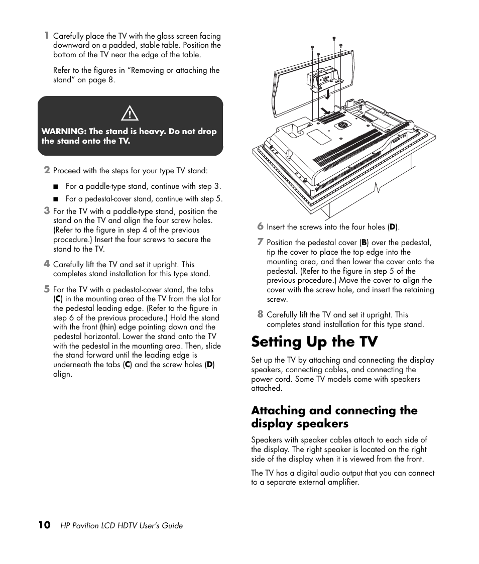 Setting up the tv, Attaching and connecting the display speakers | HP Pavilion LC3700N User Manual | Page 20 / 322