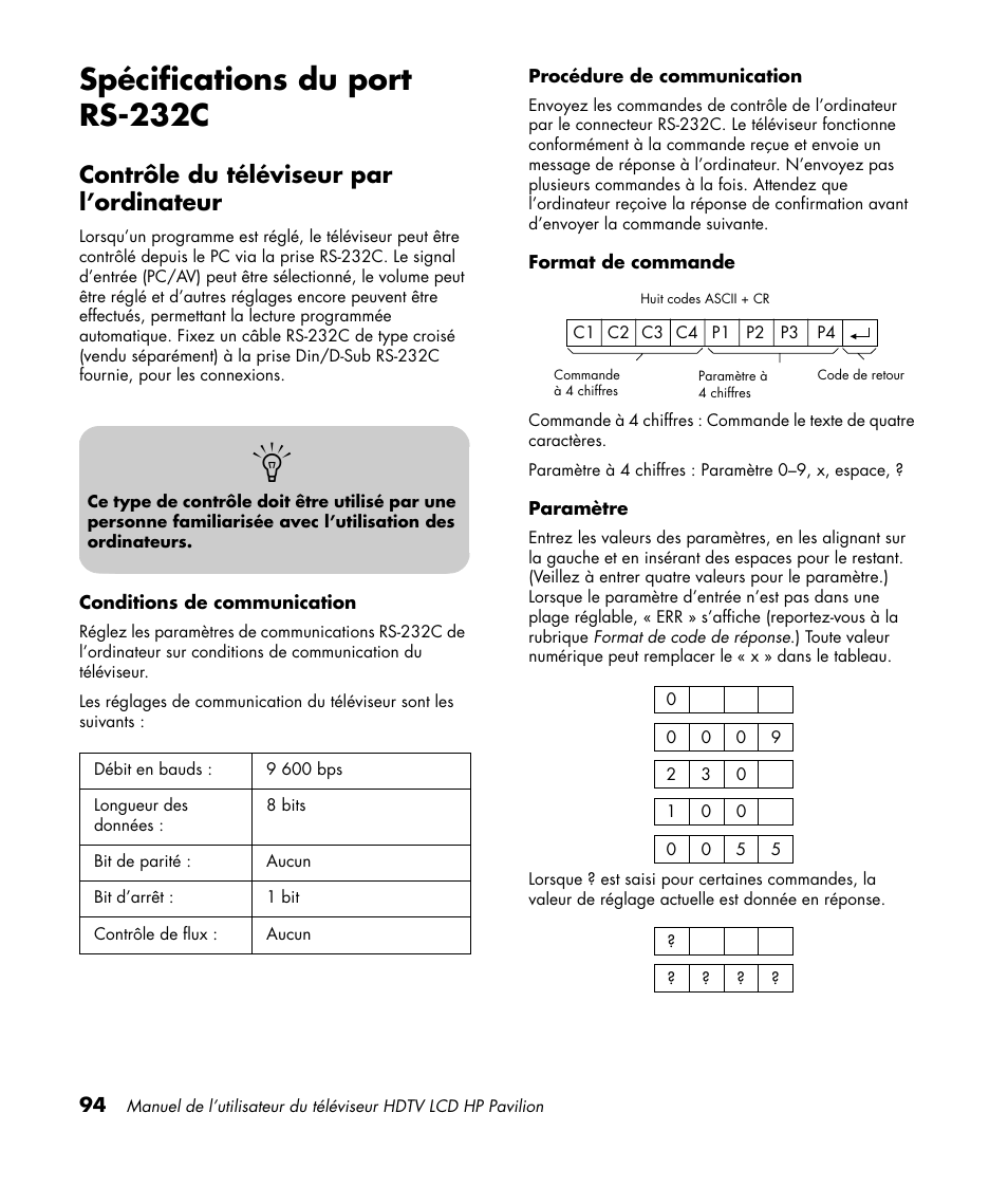 Spécifications du port rs-232c, Contrôle du téléviseur par l’ordinateur | HP Pavilion LC3700N User Manual | Page 202 / 322