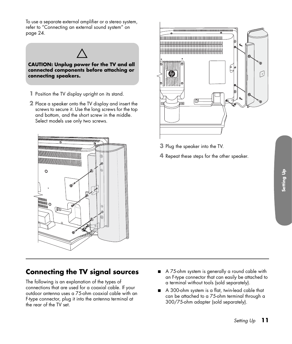 Connecting the tv signal sources | HP Pavilion LC3700N User Manual | Page 21 / 322