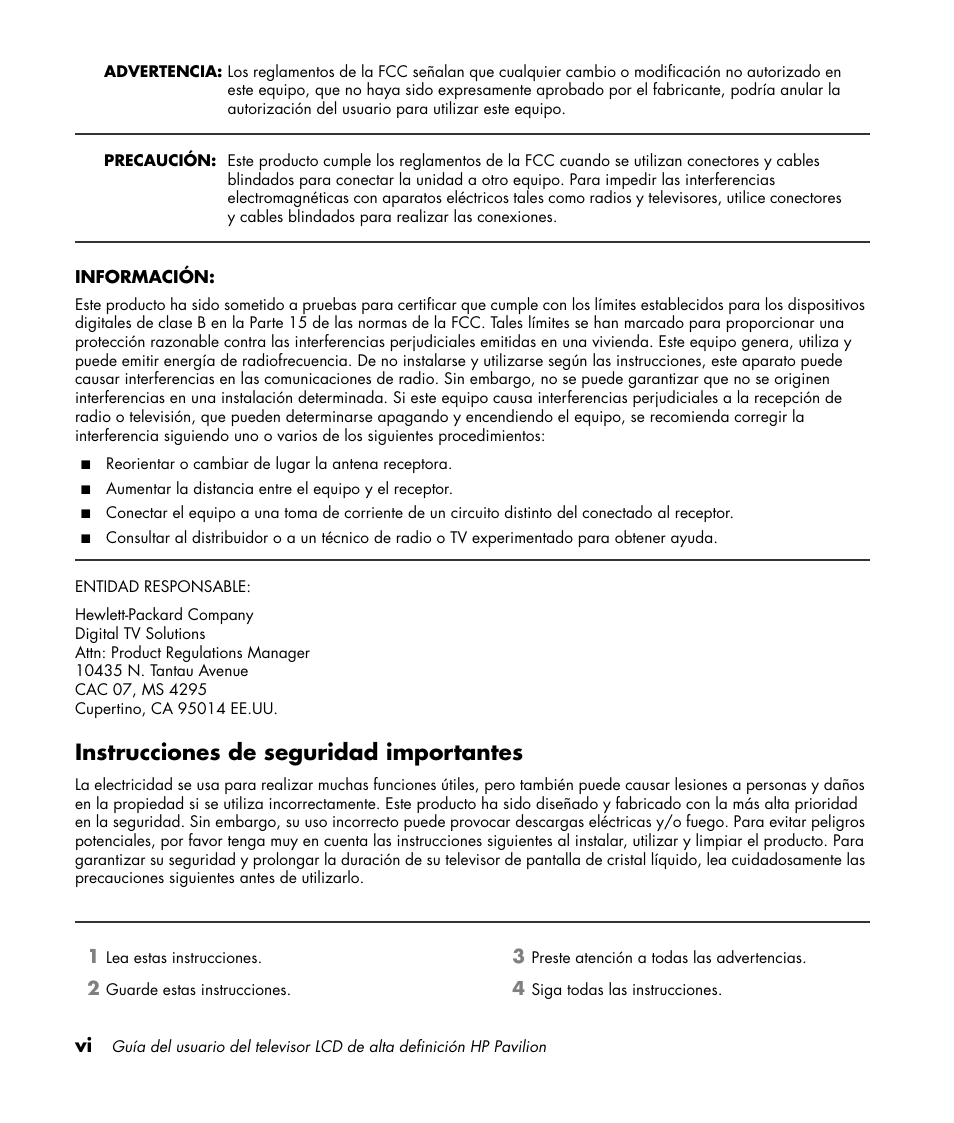 Instrucciones de seguridad importantes | HP Pavilion LC3700N User Manual | Page 216 / 322